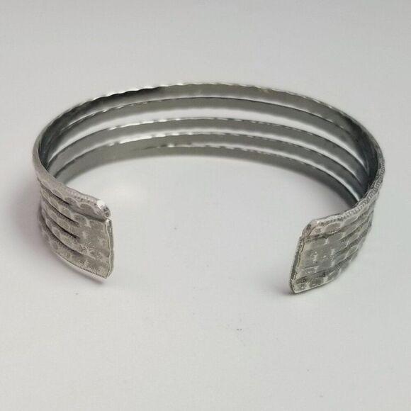 Vintage Silver Tone Layered Cuff Bangle Bracelet, Textured Design, Estate - Picture 4 of 7